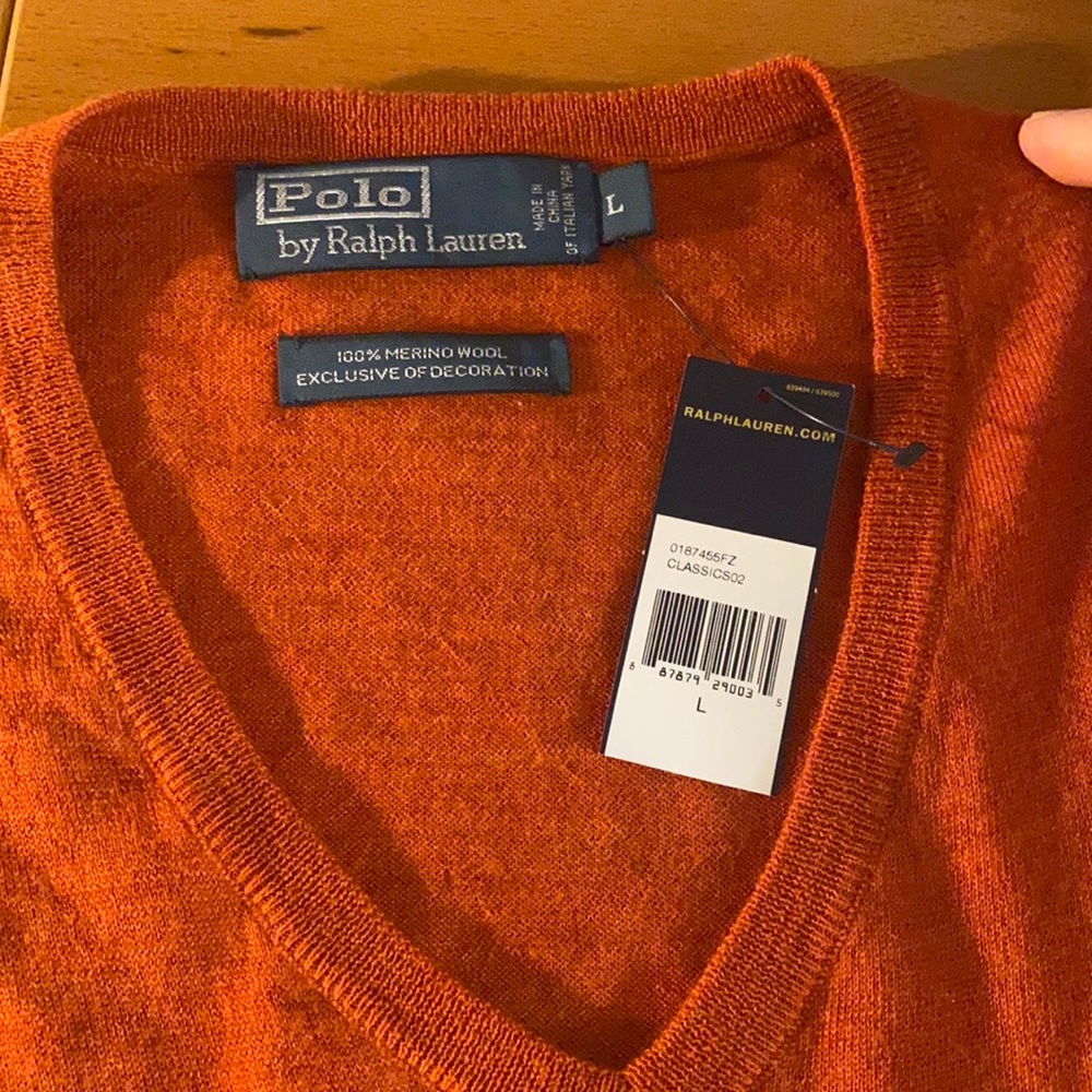 NEW - L Orange Polo Ralph Lauren v-neck Sweater (thin)